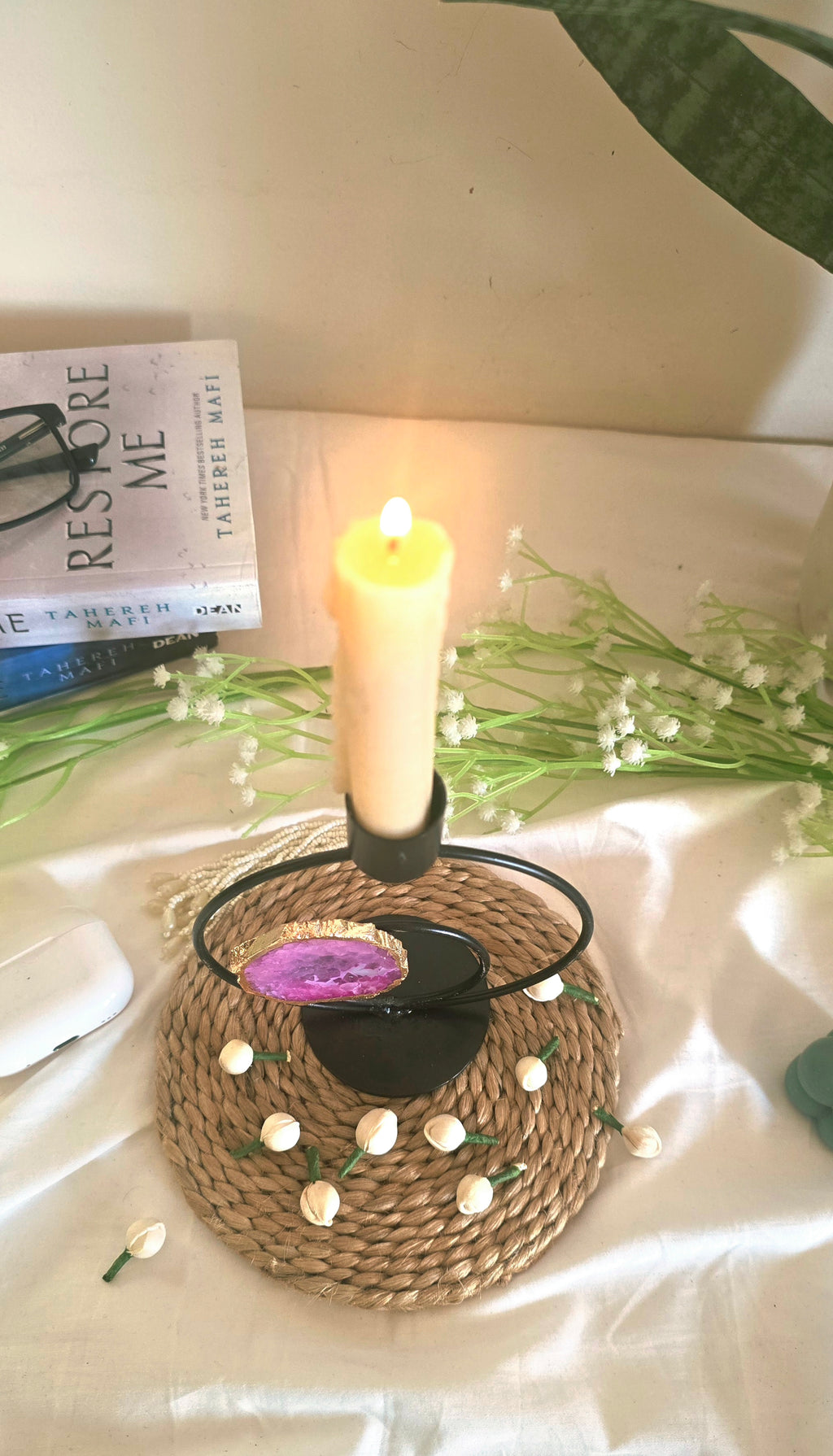 Candle Stand Double Metal Ring Round with Pink Agate