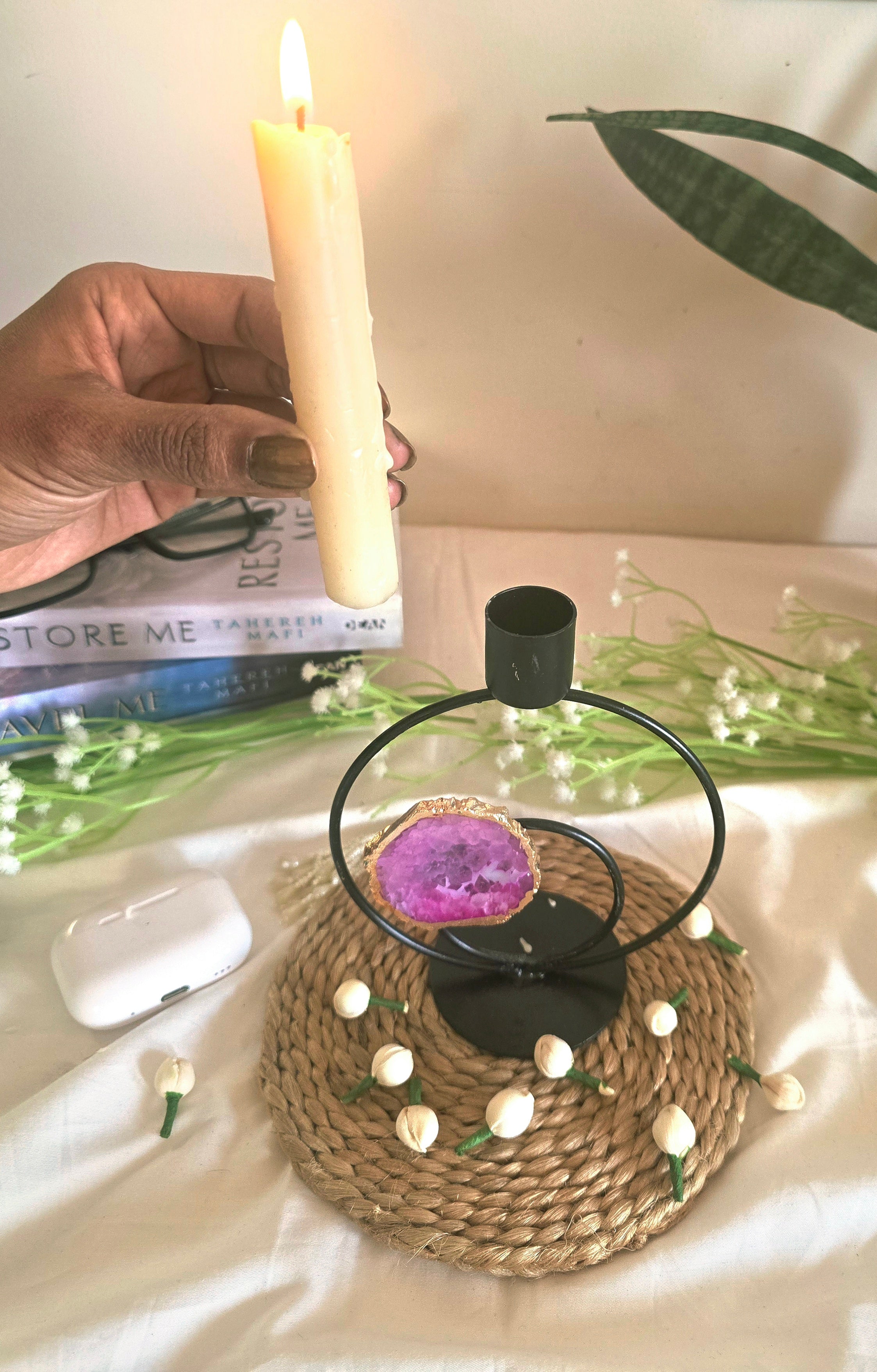 Candle Stand Double Metal Ring Round with Pink Agate