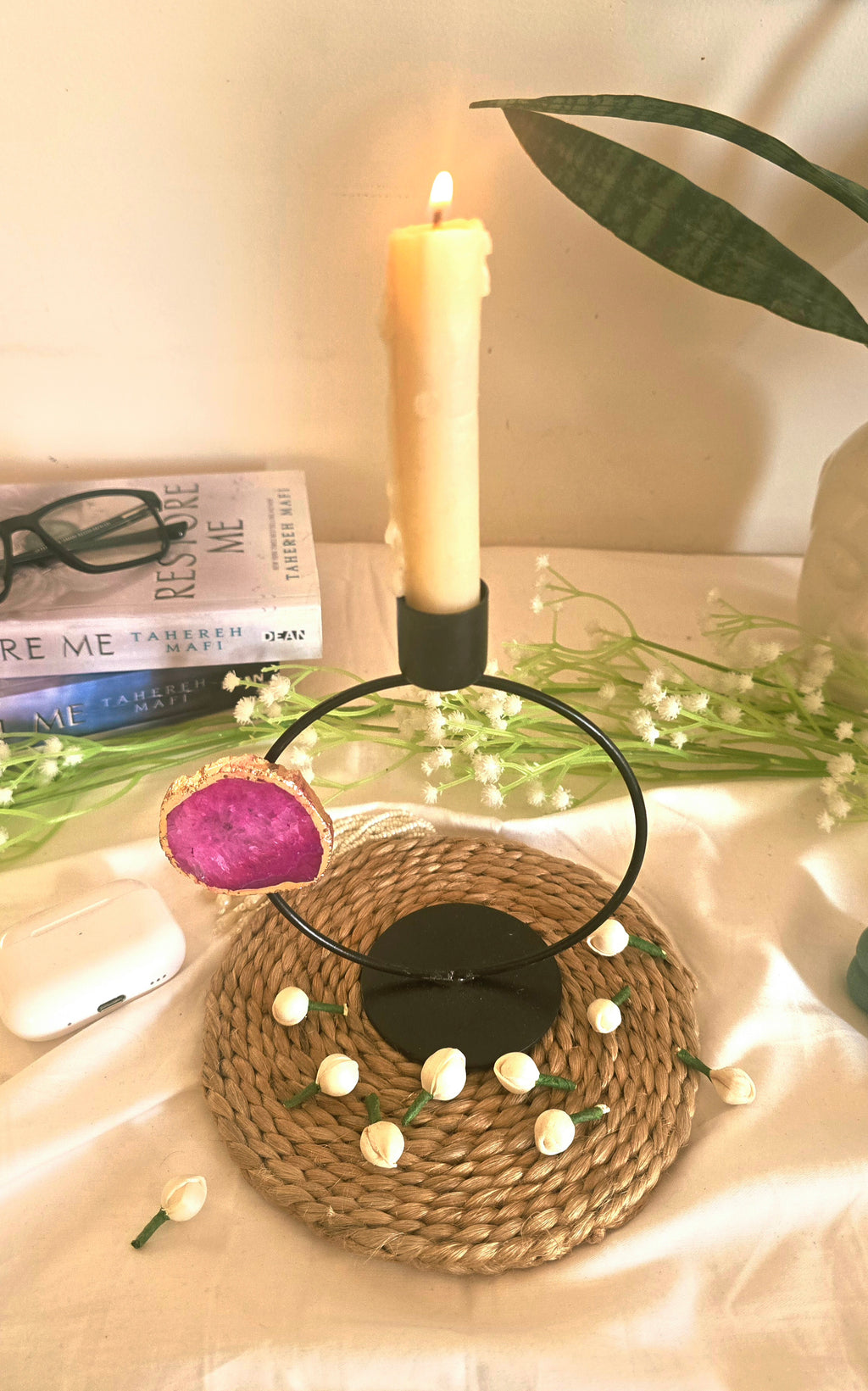 Candle Stand Metal Round with Pink Agate