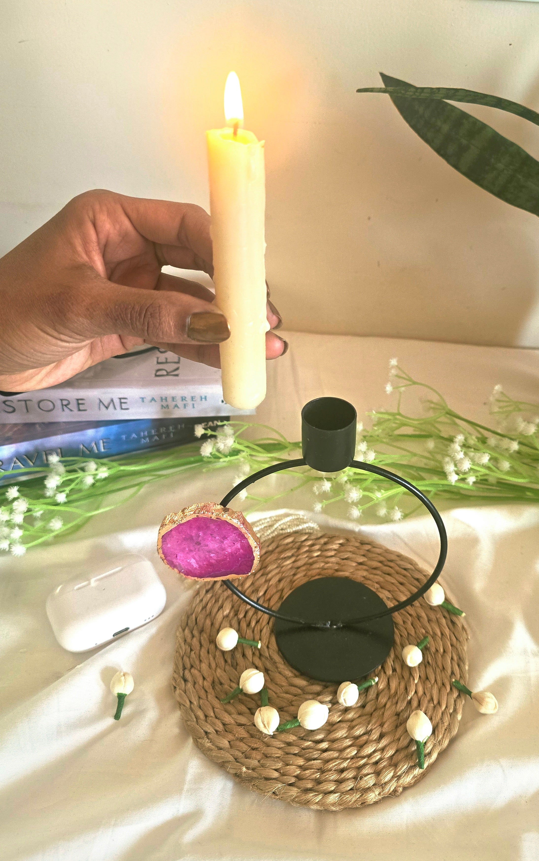 Candle Stand Metal Round with Pink Agate