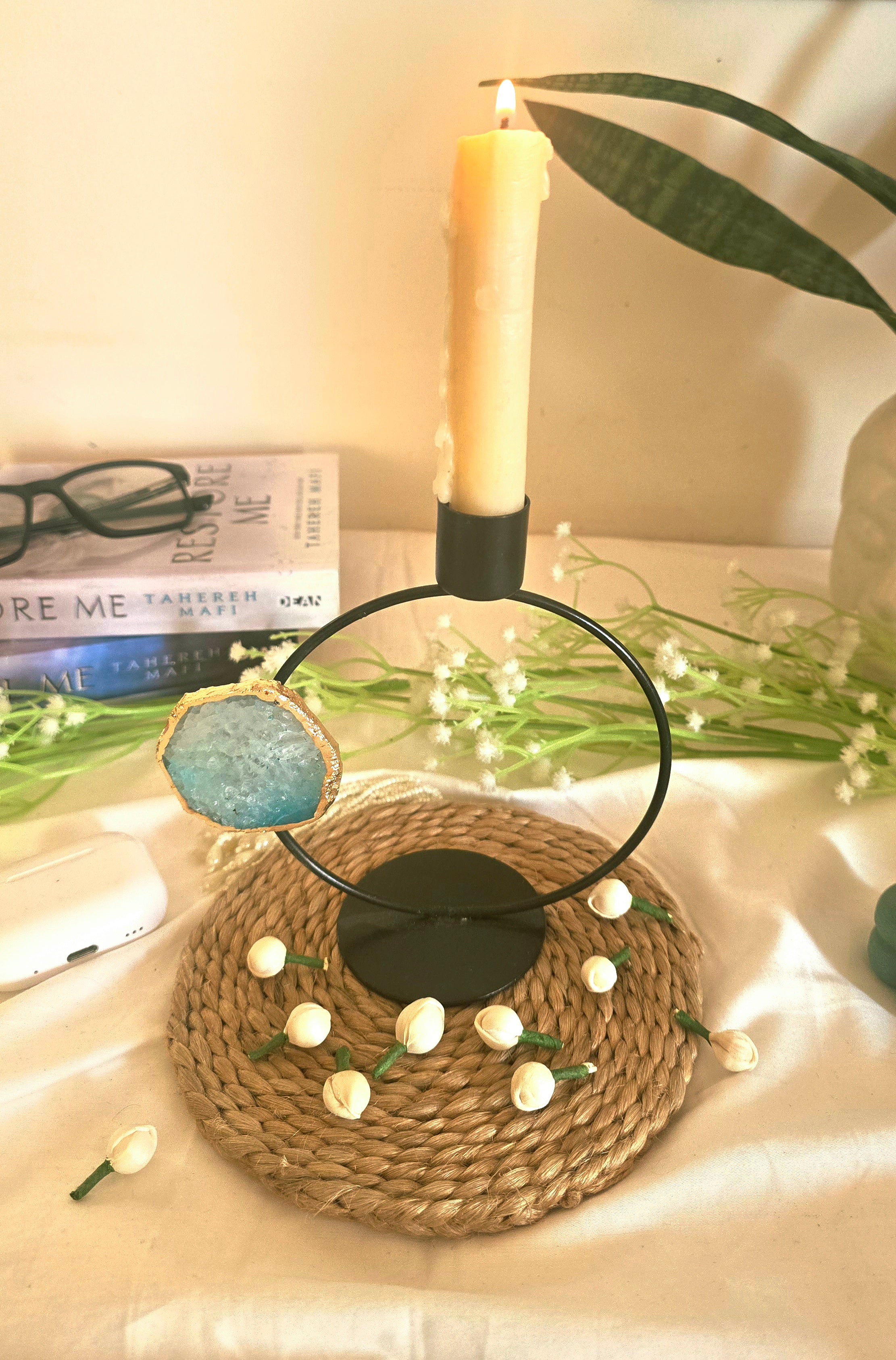 Candle Stand Metal Round with Turquoise Agate