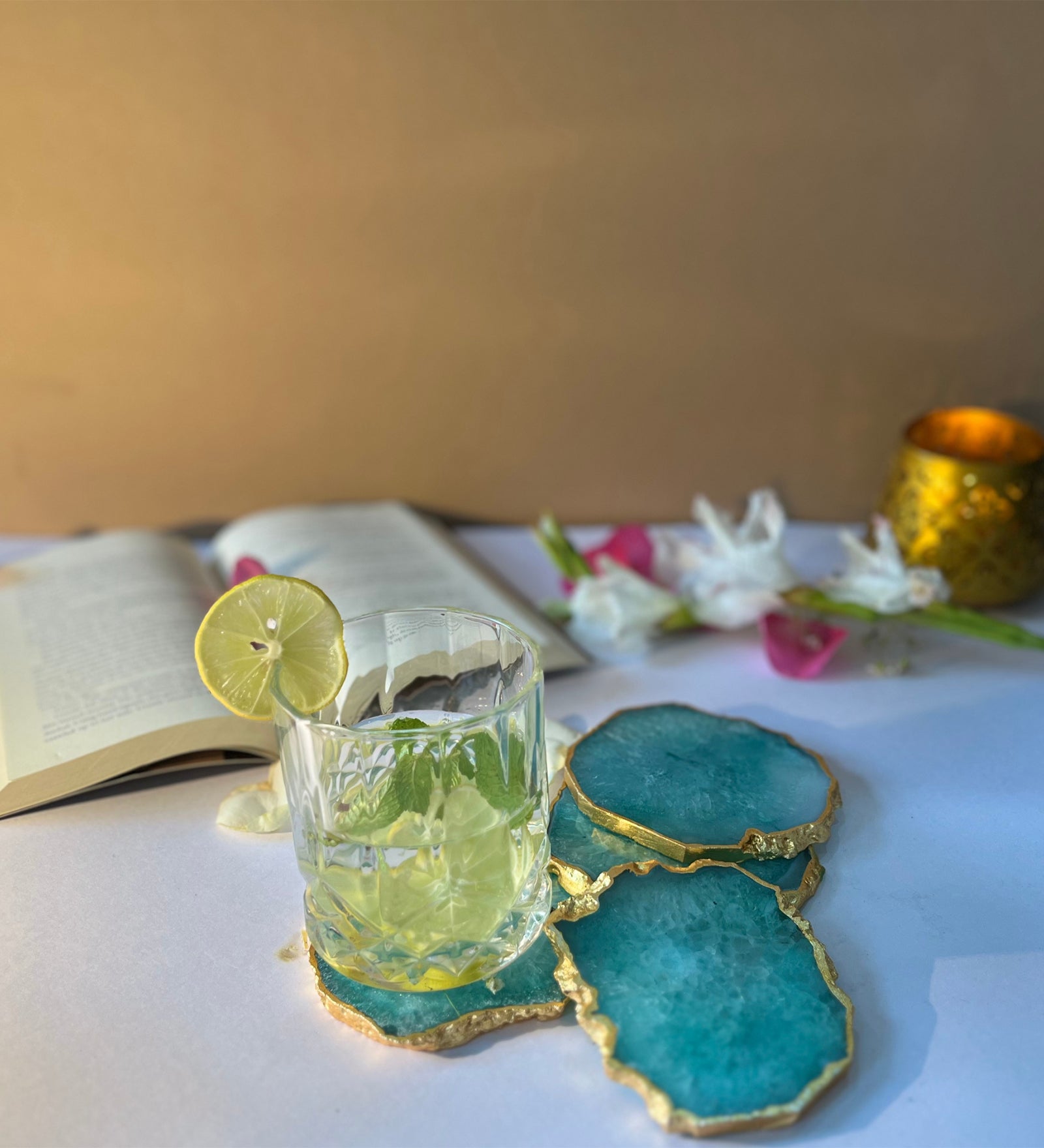 Crystal Agate Coaster Gold Plated Set of 4- Green
