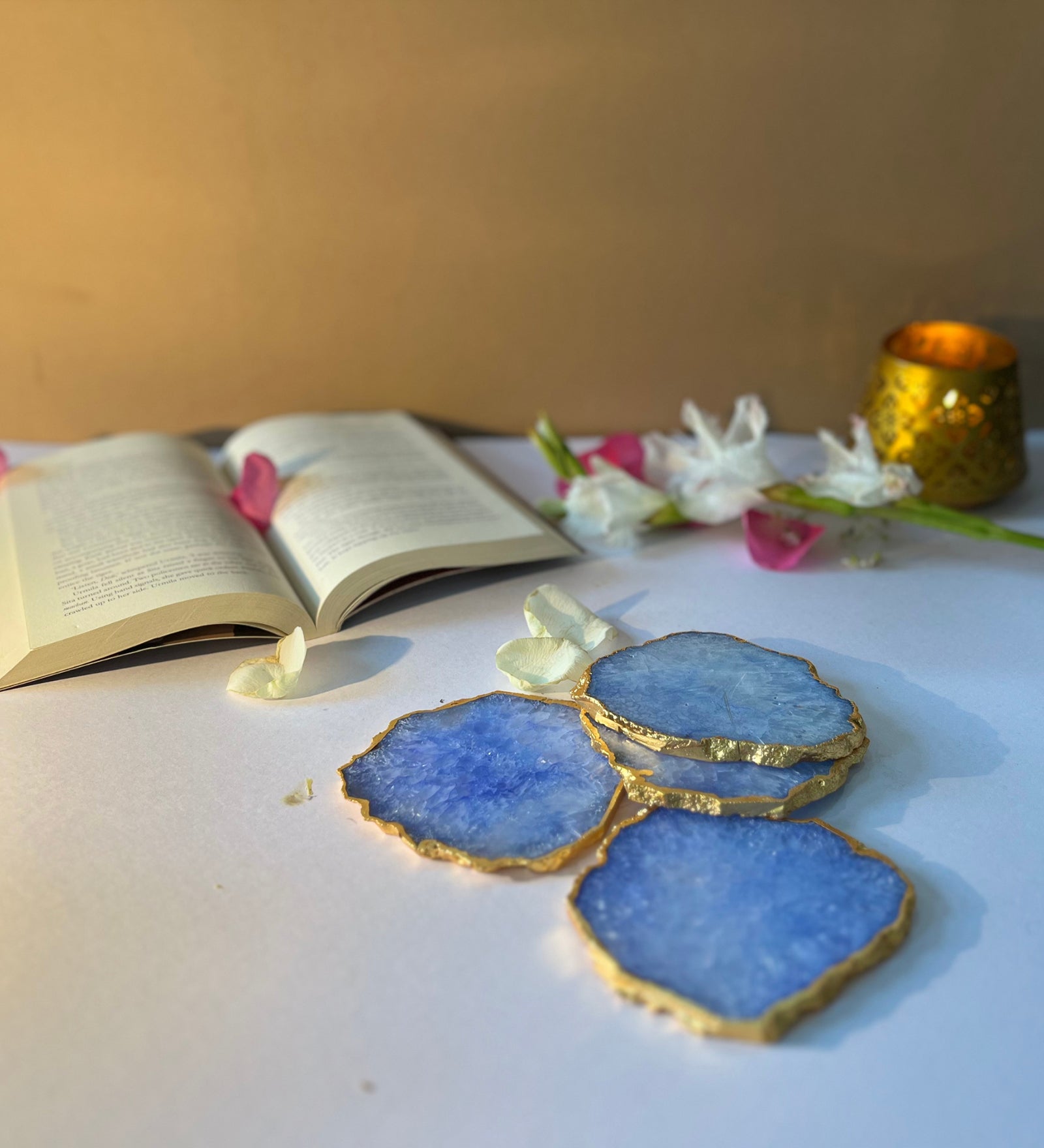 Crystal Agate Coaster Gold Plated Set of 4- Blue