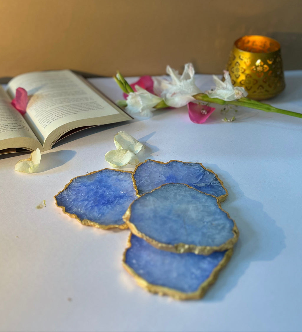Crystal Agate Coaster Gold Plated Set of 4- Blue