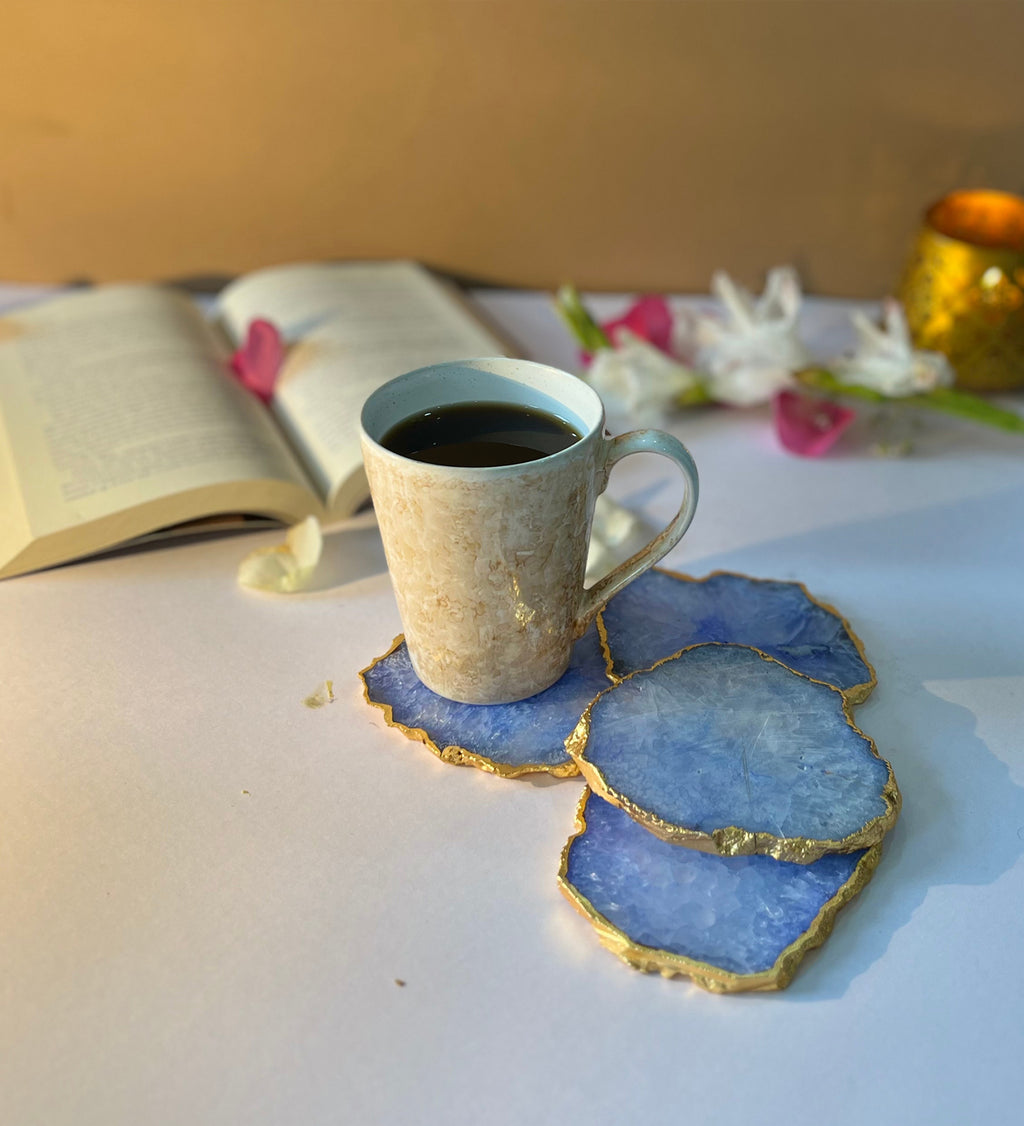 Crystal Agate Coaster Gold Plated Set of 4- Blue