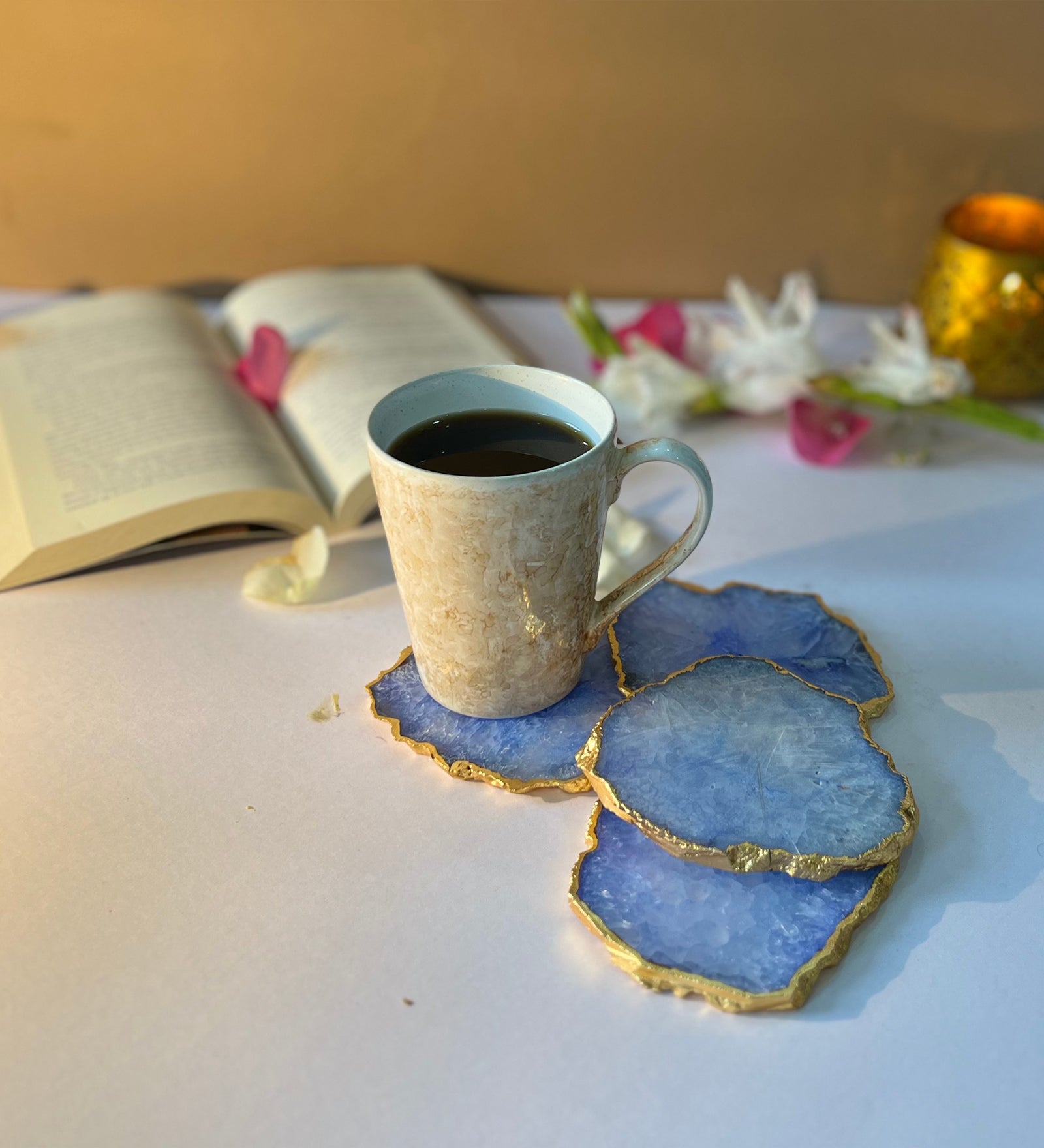 Crystal Agate Coaster Gold Plated Set of 4- Blue