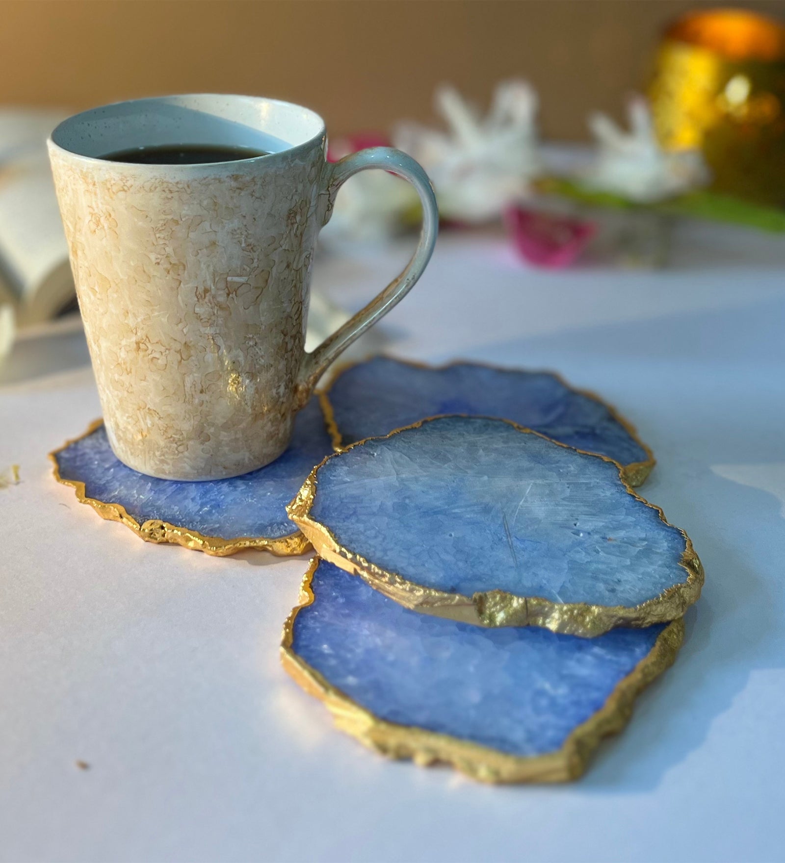 Crystal Agate Coaster Gold Plated Set of 4- Blue
