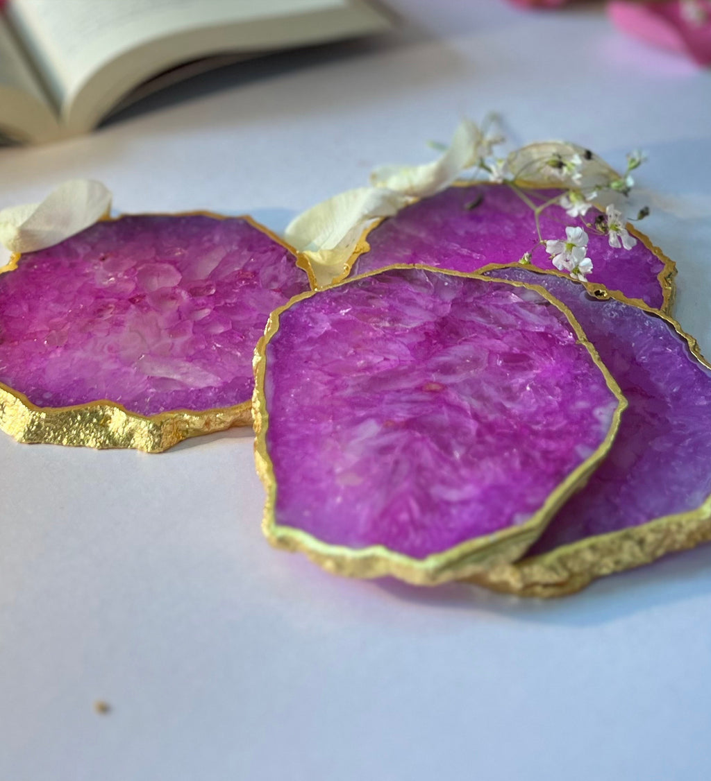 Crystal Agate Coaster Gold Plated Set of 4- Pink