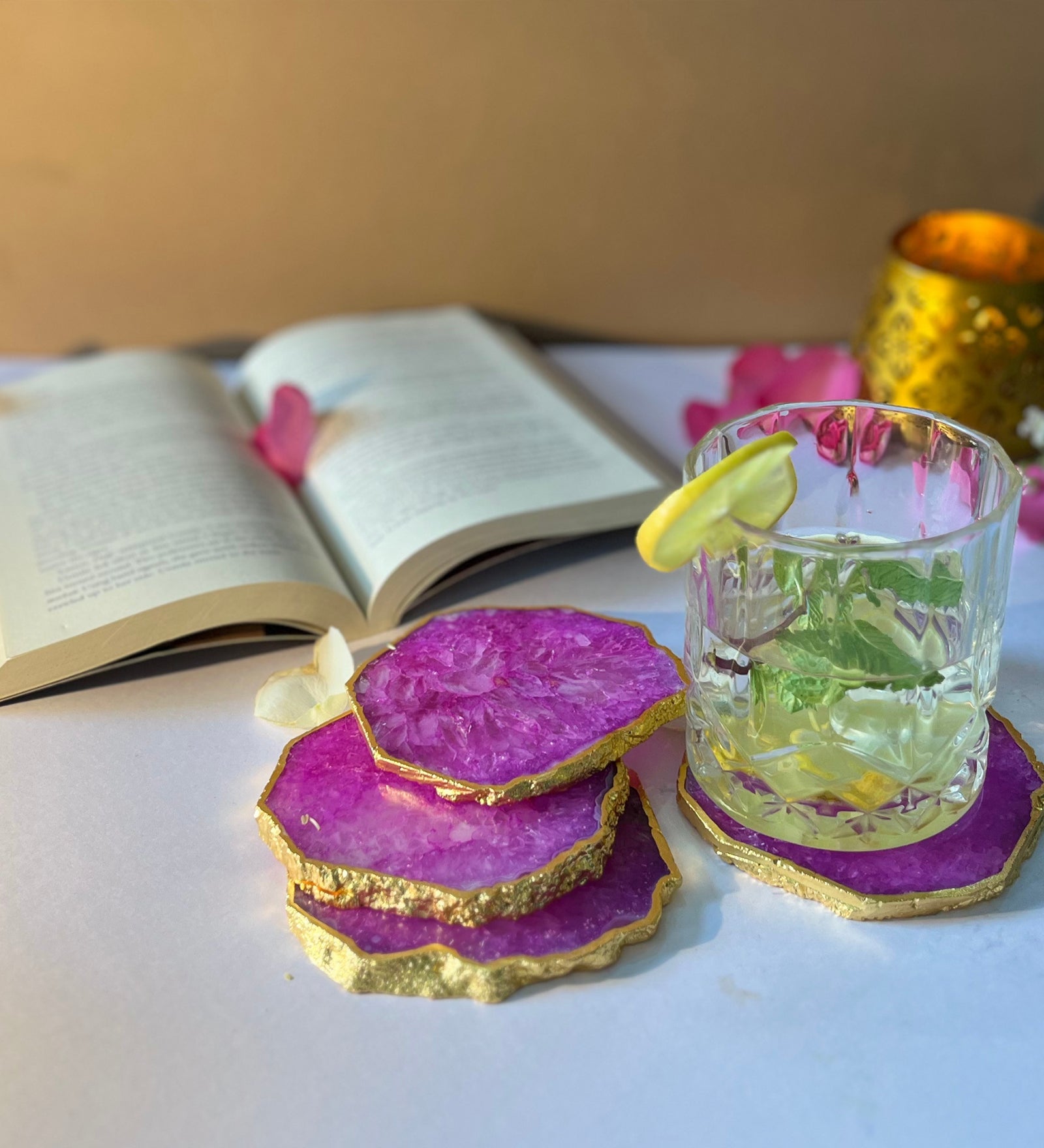 Crystal Agate Coaster Gold Plated Set of 4- Pink