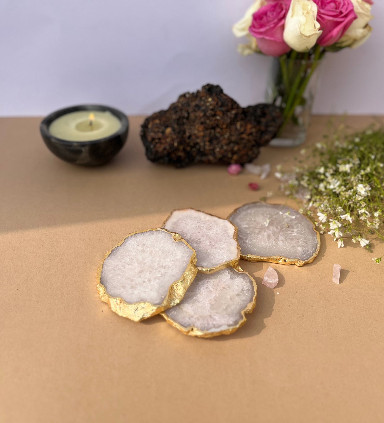 Crystal Agate Coaster Gold Plated Set of 4- White
