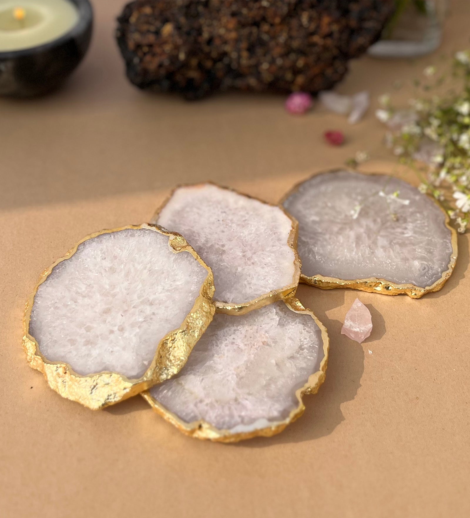 Crystal Agate Coaster Gold Plated Set of 4- White
