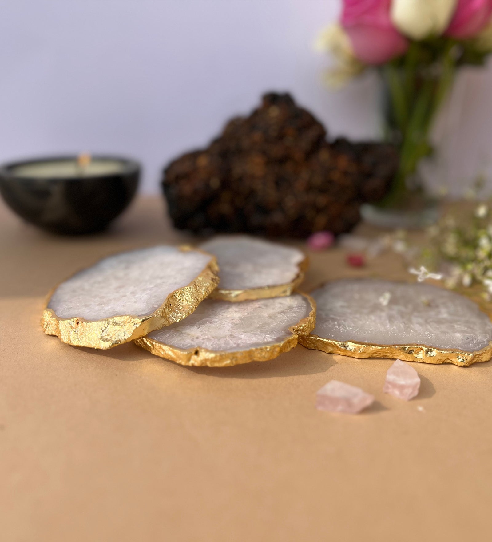 Crystal Agate Coaster Gold Plated Set of 4- White