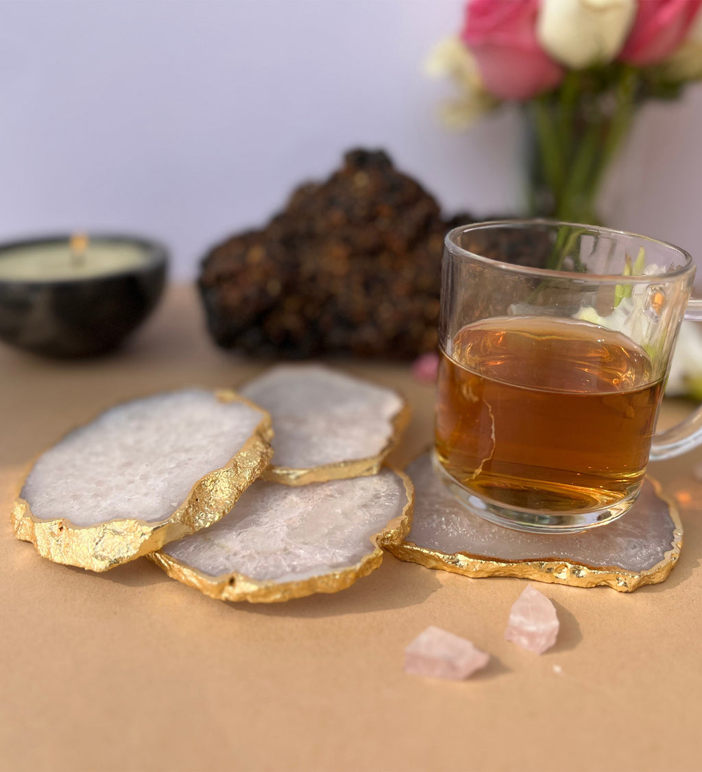 Crystal Agate Coaster Gold Plated Set of 4- White