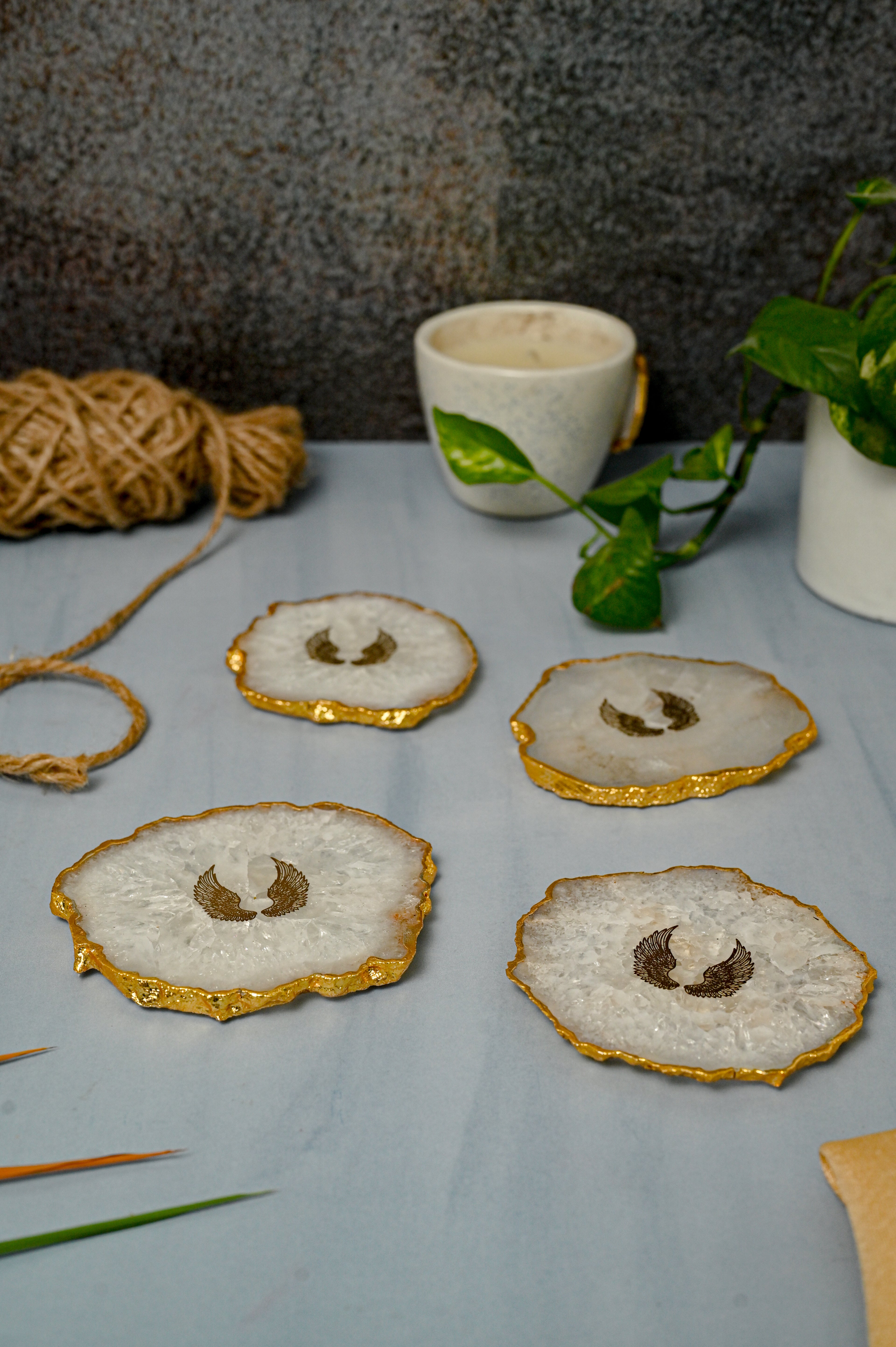 Crystal Agate Stone Angel Wings Coaster Set of 4 Table Coaster