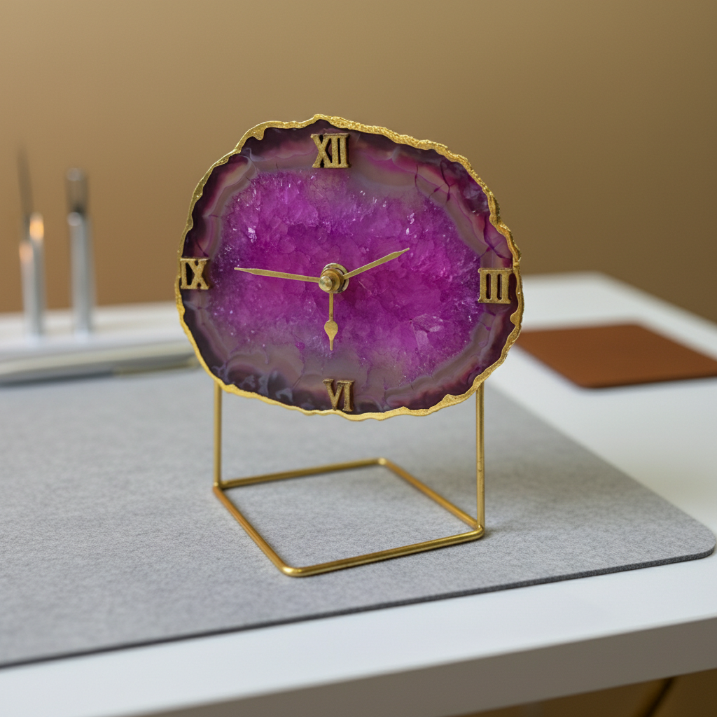 Agate Crystal Pink Desktop Clock  With Metal Stand