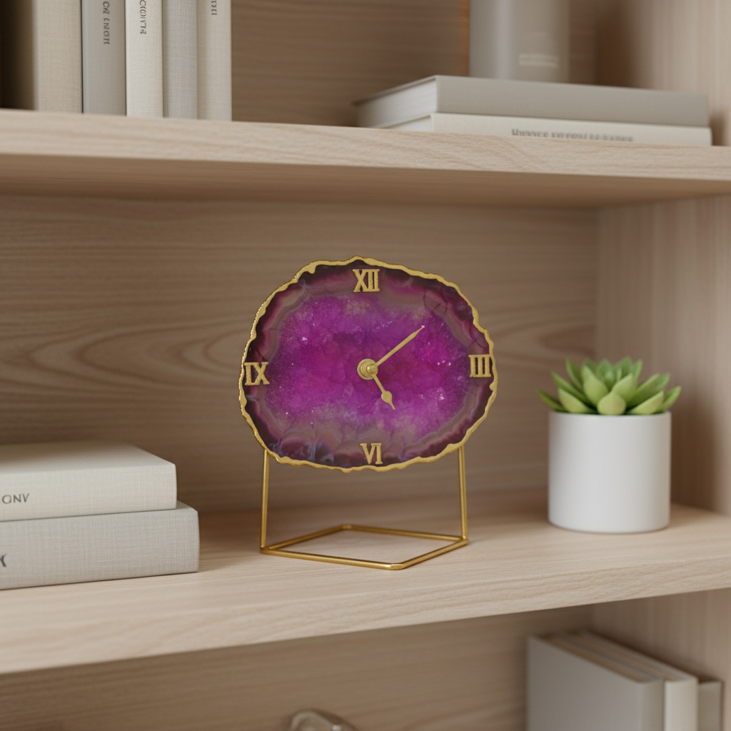 Agate Crystal Pink Desktop Clock  With Metal Stand
