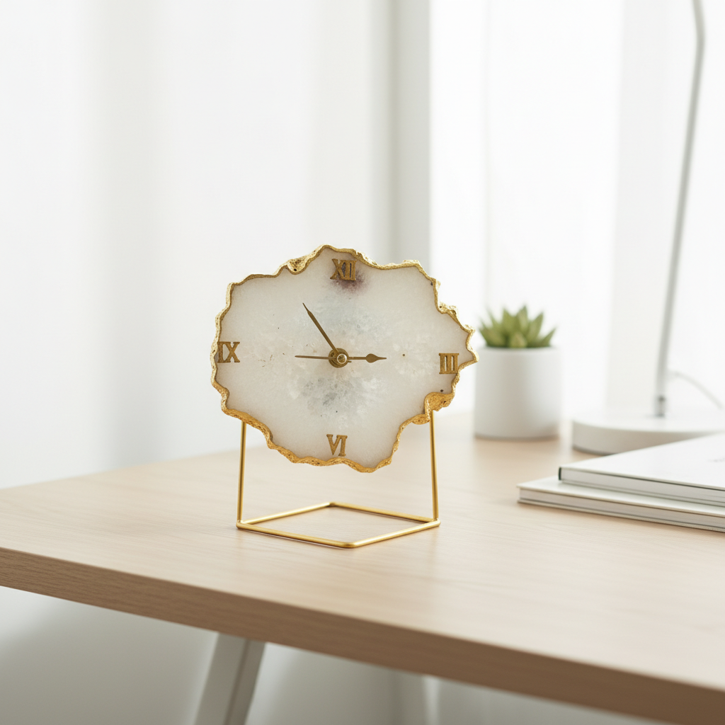Agate Crystal Blue Desktop Clock with Metal  Stand