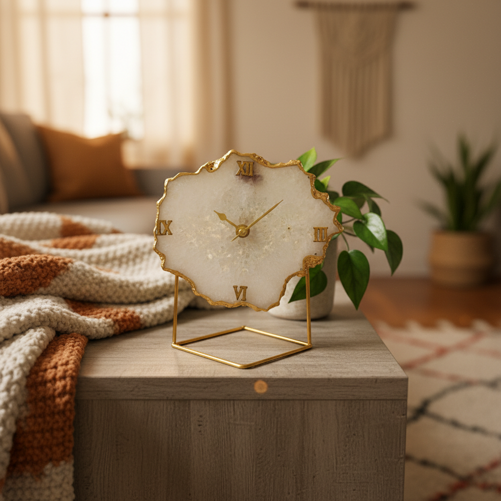 Agate Crystal White Desktop Clock With Metal Stand