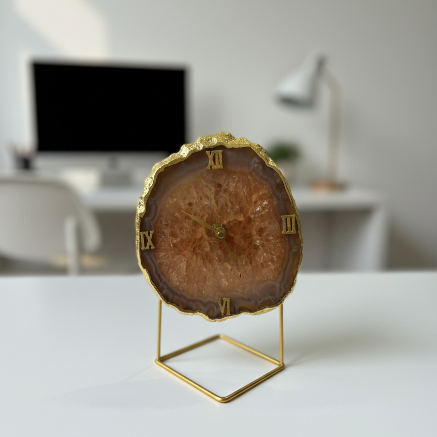 Agate Crystal Brown Desktop Clock with Metal Stand