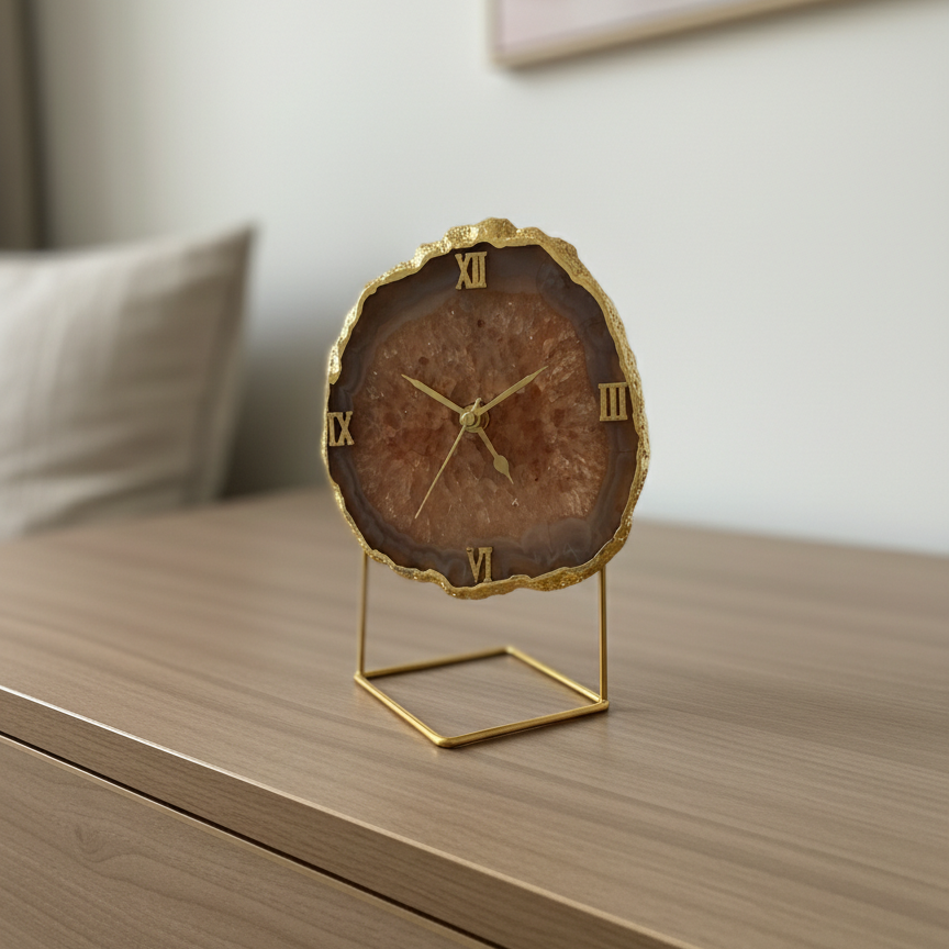 Agate Crystal Pink Desktop Clock  With Metal Stand