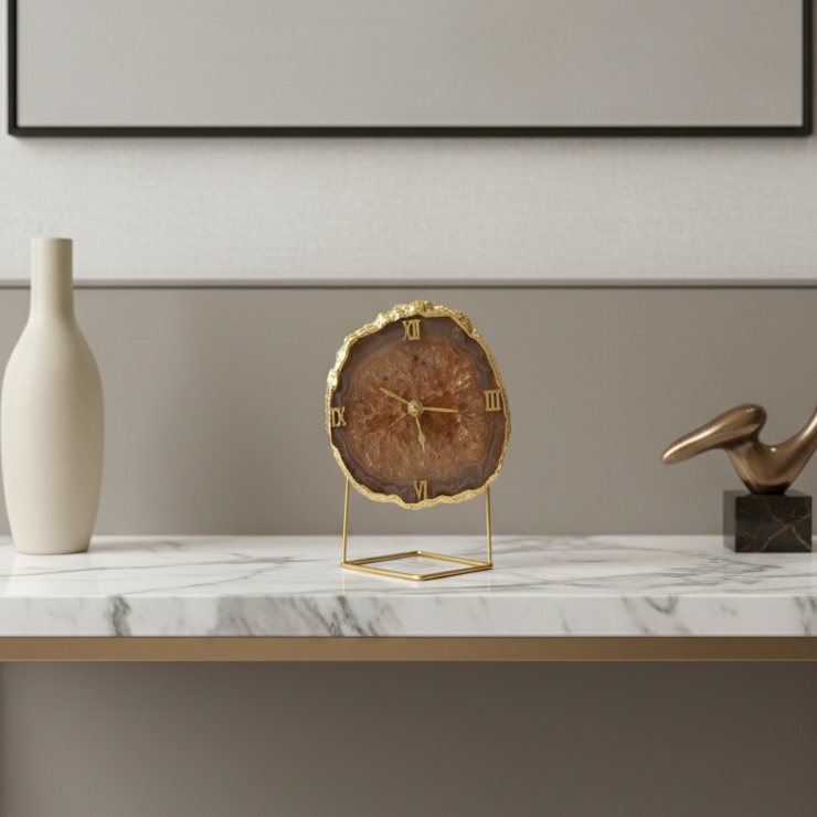 Agate Crystal Brown Desktop Clock with Metal Stand