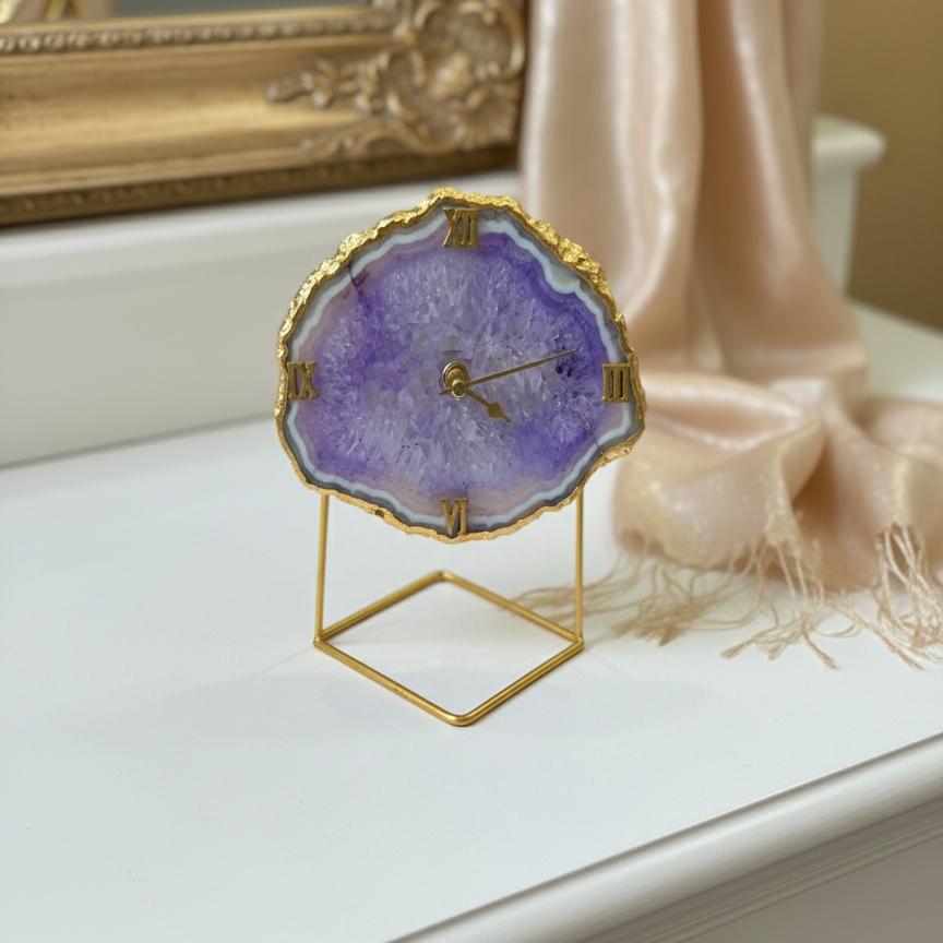 Agate Crystal Purple Desktop Clock with Metal Stand