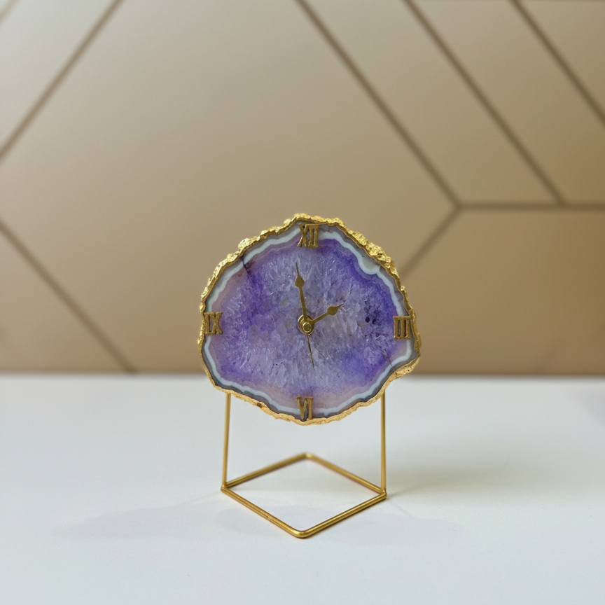 Agate Crystal Pink Desktop Clock  With Metal Stand