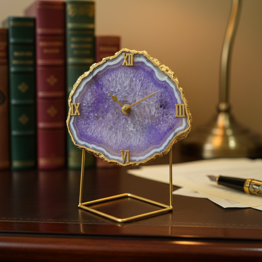 Agate Crystal Brown Desktop Clock with Metal Stand