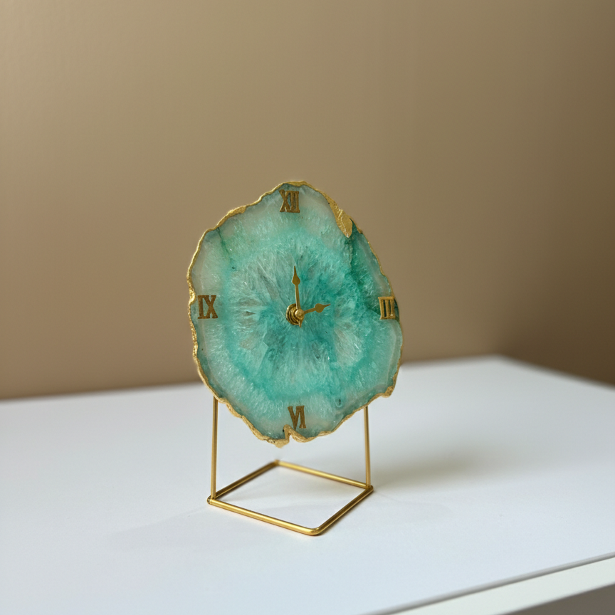 Agate Crystal Pink Desktop Clock  With Metal Stand