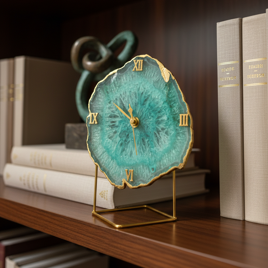 Agate Crystal Turquoise Desktop Clock with Metal Stand