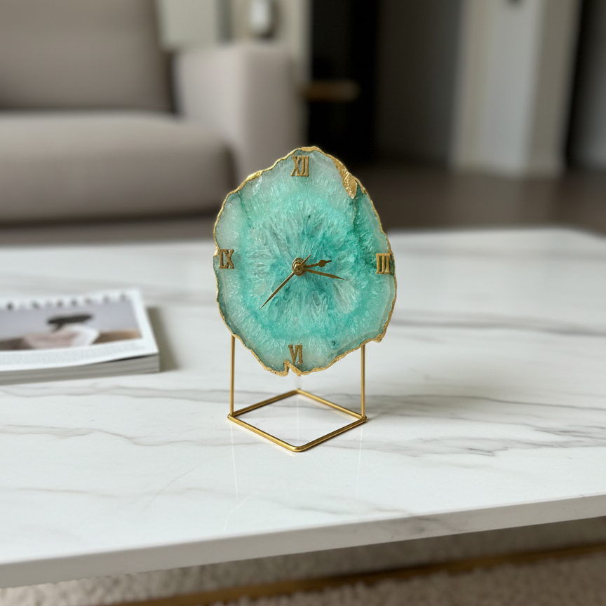 Agate Crystal Green Desktop Clock with Metal Stand