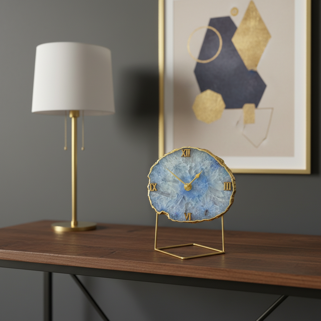 Agate Crystal Blue Desktop Clock with Metal  Stand