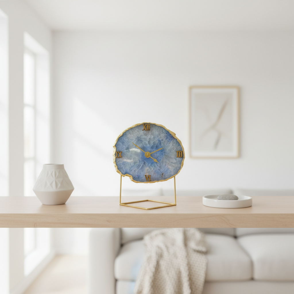 Agate Crystal Blue Desktop Clock with Metal  Stand
