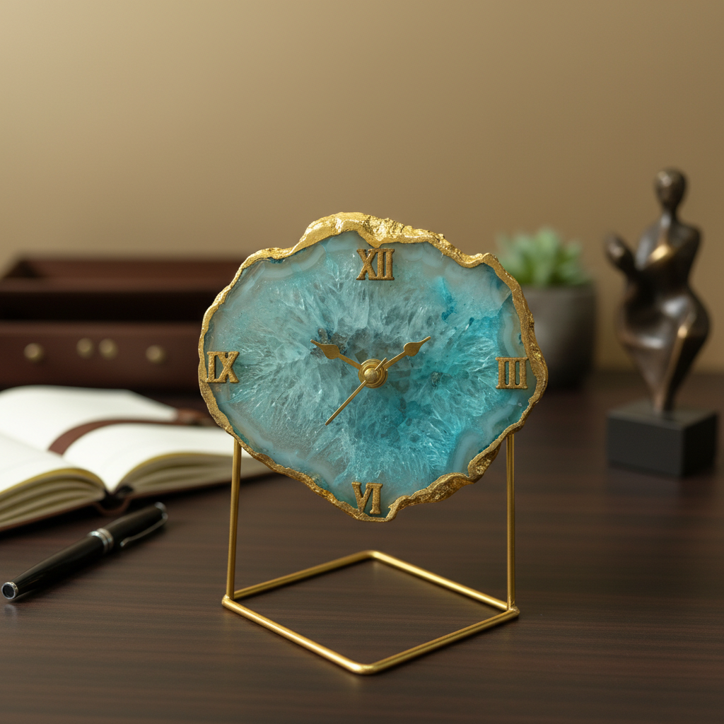 Agate Crystal Turquoise Desktop Clock with Metal Stand