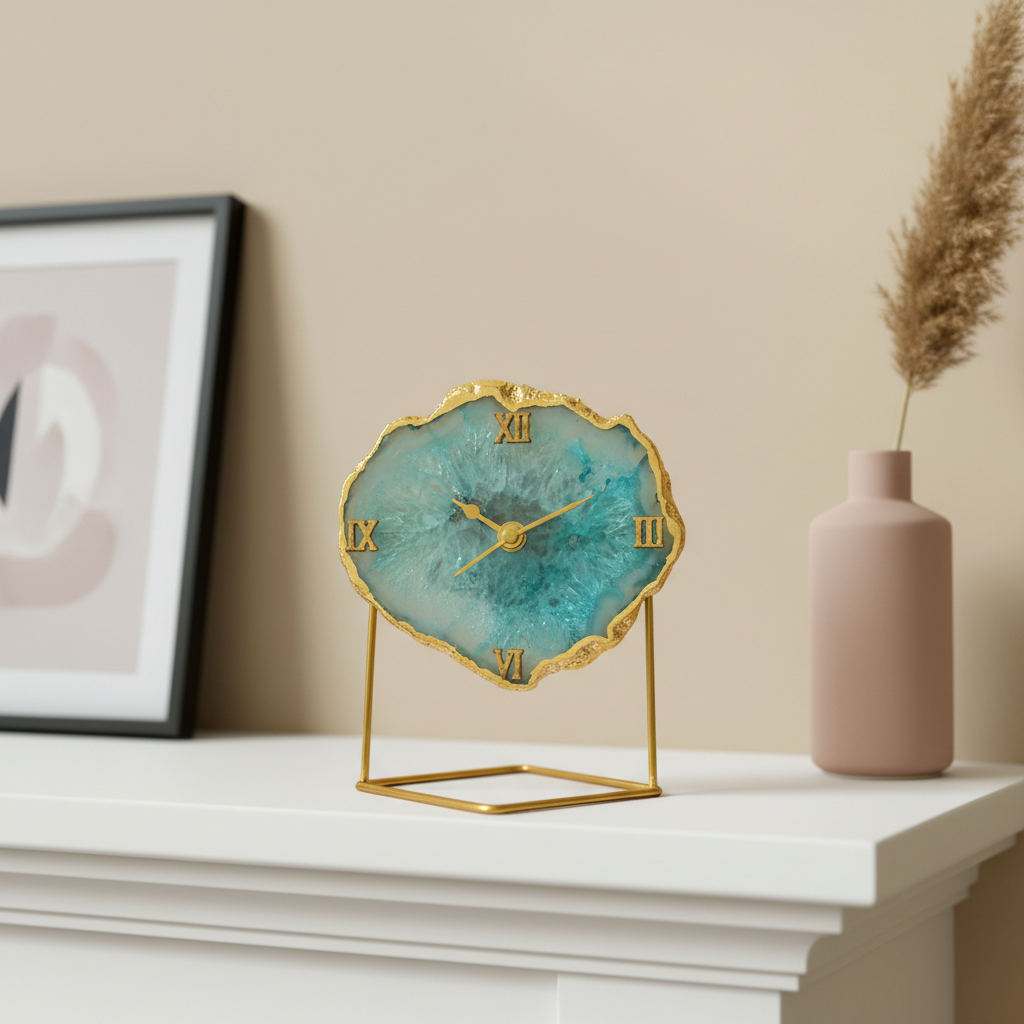 Agate Crystal Pink Desktop Clock  With Metal Stand