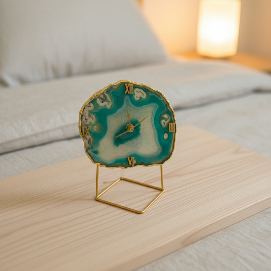 Agate Brazilian Green Desktop Clock with Metal  Stand