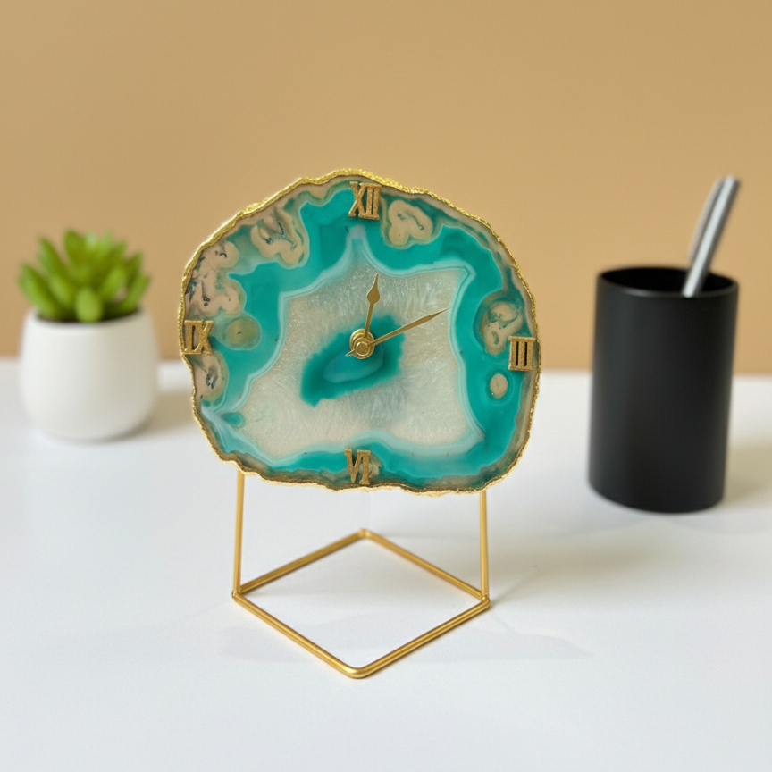 Agate Brazilian Blue Desktop Clock with Metal Stand