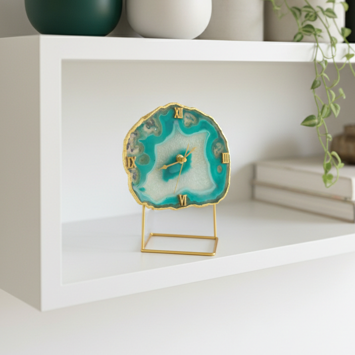 Agate Brazilian Green Desktop Clock with Metal  Stand
