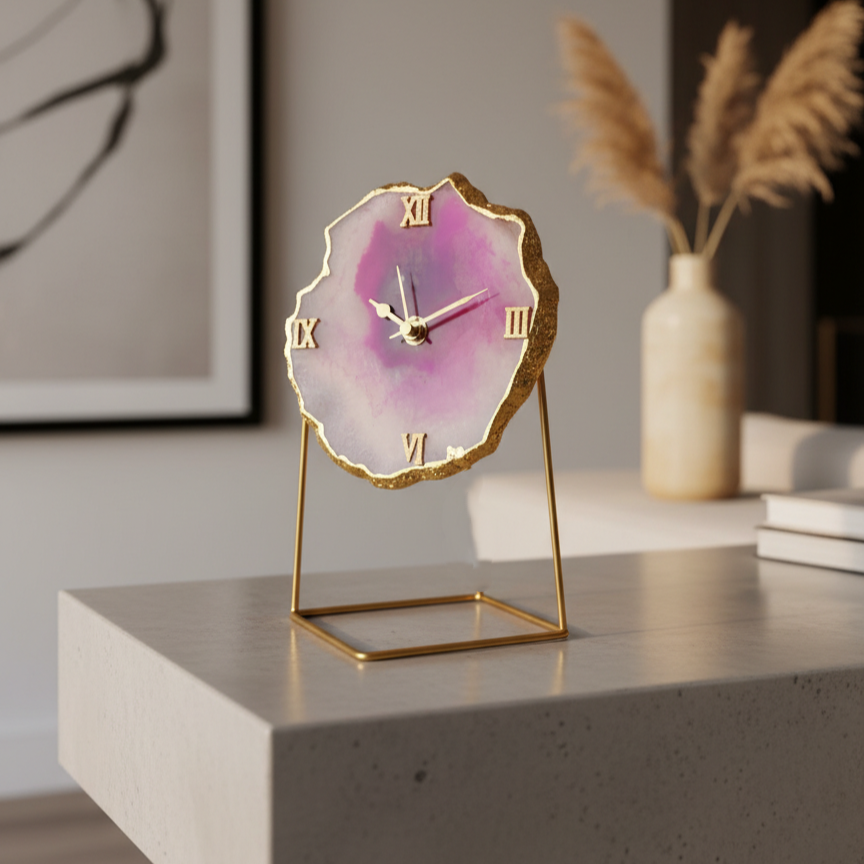 Agate Brazilian Green Desktop Clock with Metal  Stand