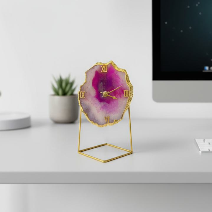 Agate Brazilian Pink Desktop Clock with Metal  Stand