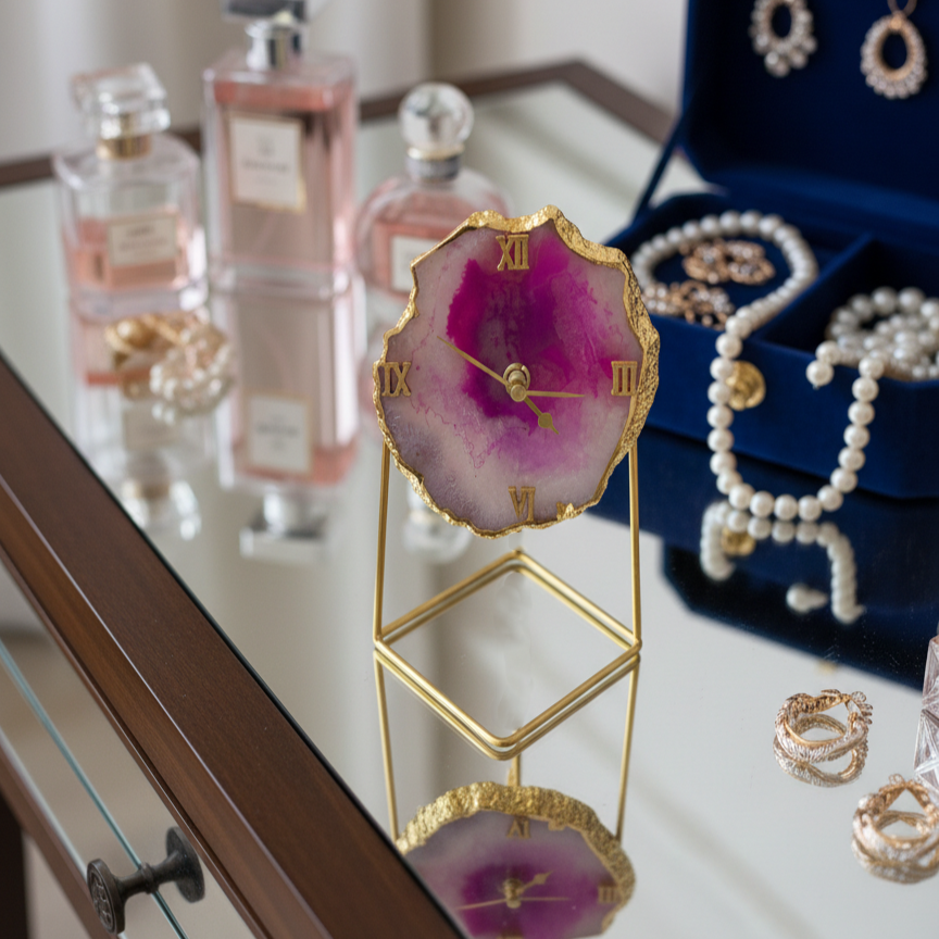 Agate Brazilian Pink Desktop Clock with Metal  Stand