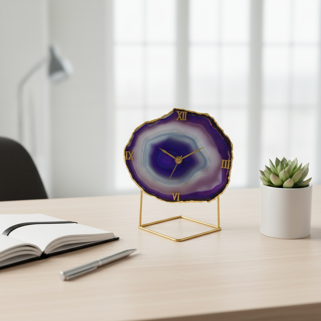Agate Brazilian Blue Desktop Clock with Metal Stand
