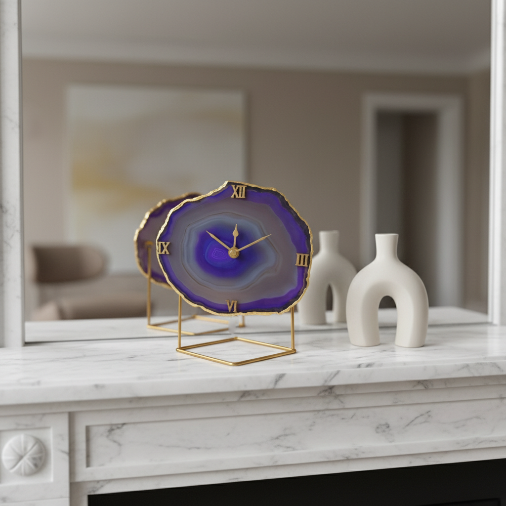 Agate Brazilian Purple Desktop Clock with Metal  Stand
