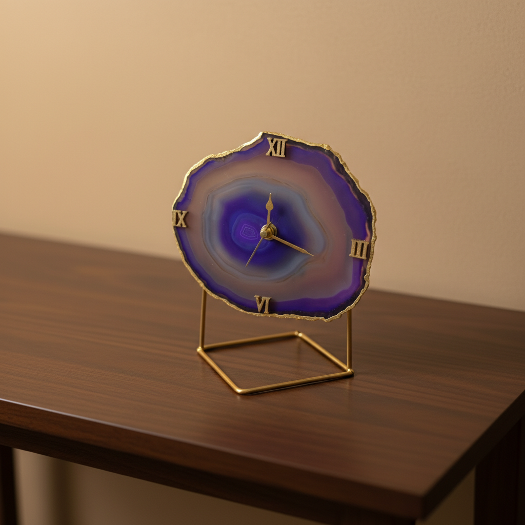 Agate Brazilian Purple Desktop Clock with Metal  Stand