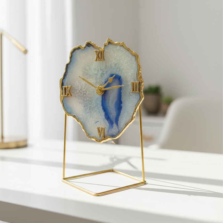 Agate Brazilian Pink Desktop Clock with Metal  Stand