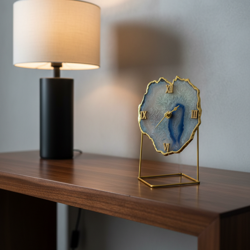 Agate Brazilian Blue Desktop Clock with Metal Stand