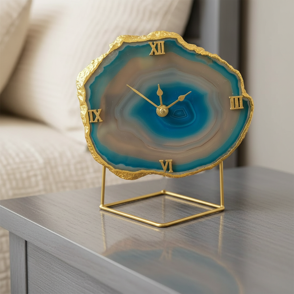 Agate Brazilian Blue Desktop Clock with Metal Stand