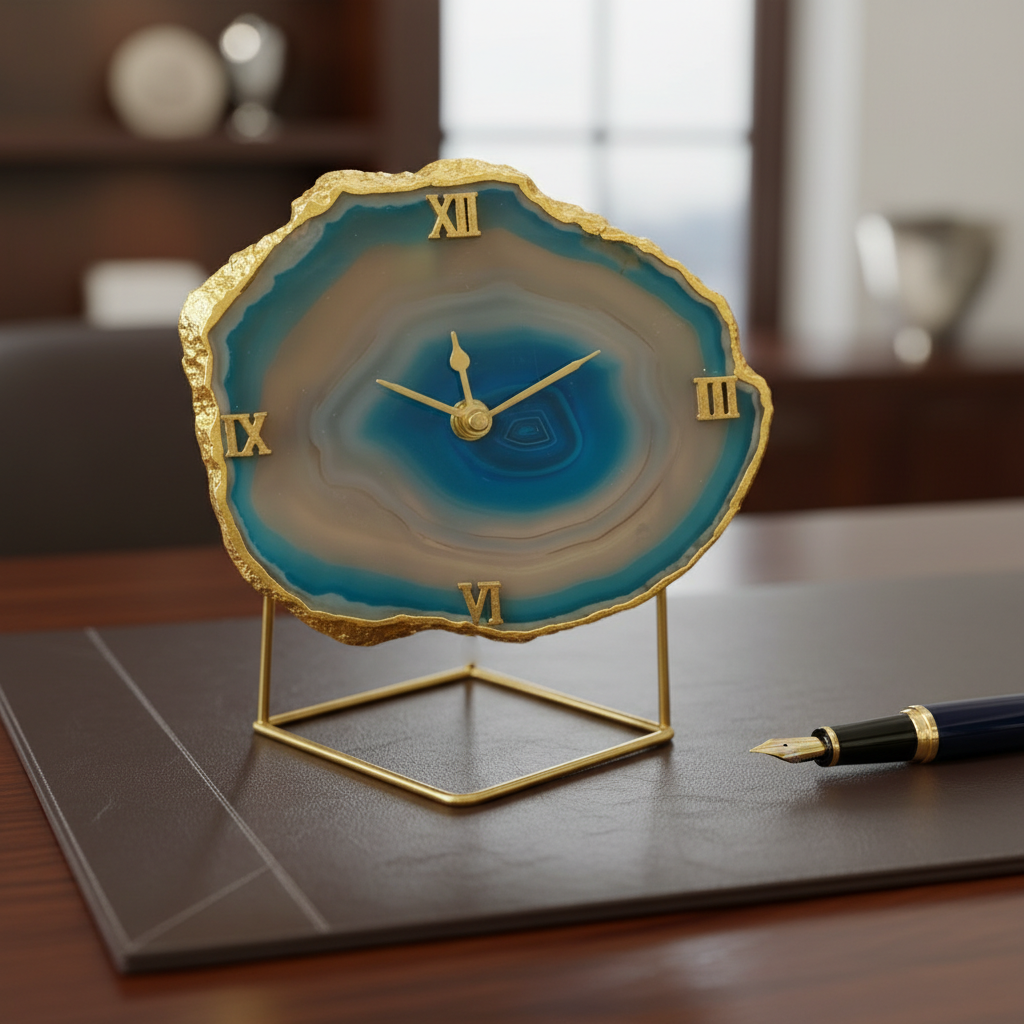 Agate Brazilian Turquoise Desktop Clock with Metal  Stand