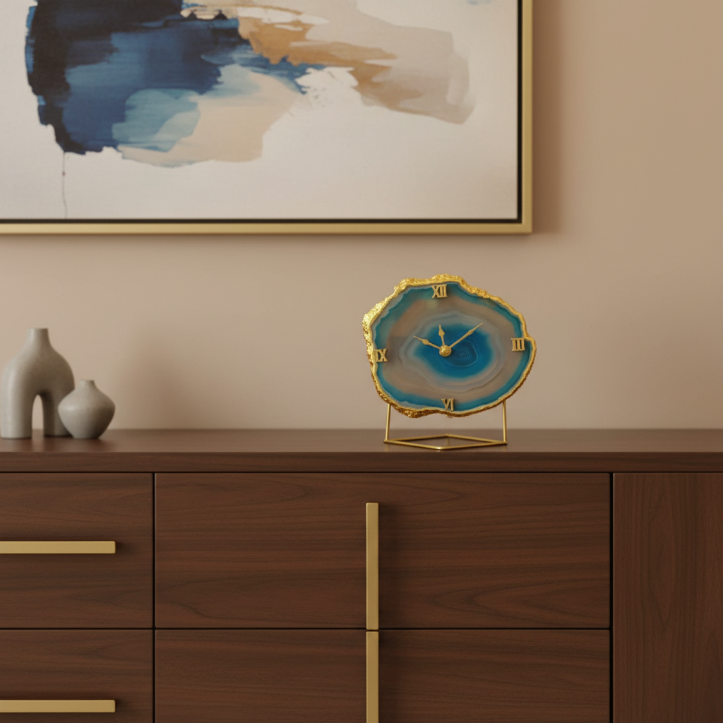 Agate Brazilian Turquoise Desktop Clock with Metal  Stand