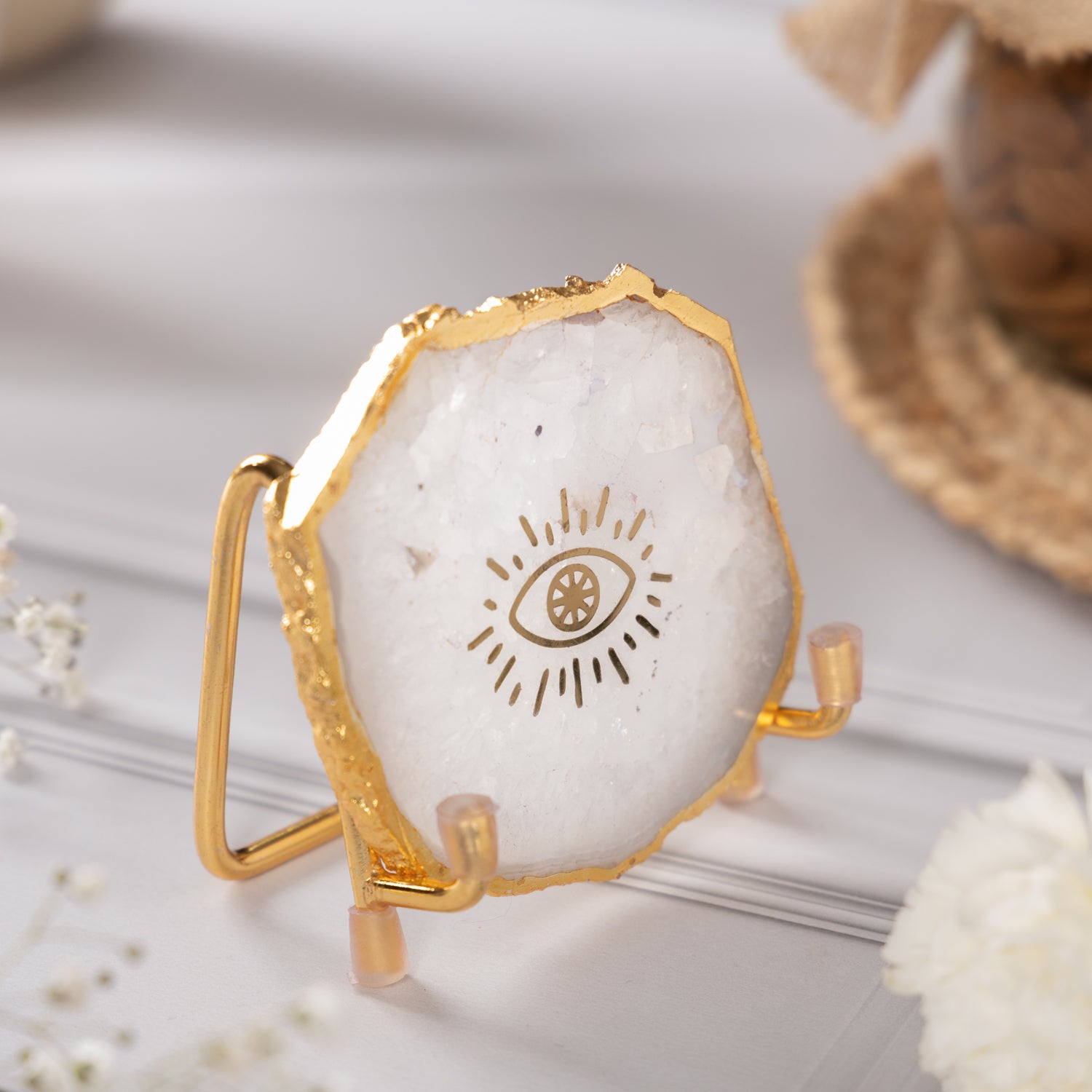 Evil Eye White Agate Metal Showpeice